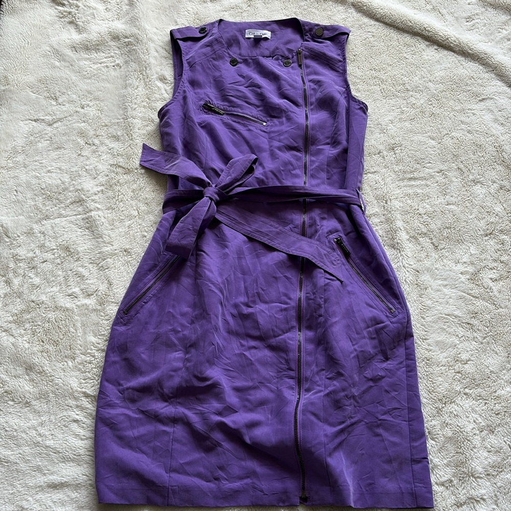 Calvin Klein Purple Sleeveless MOTO Assymmetric Zip-Front Belted Dress